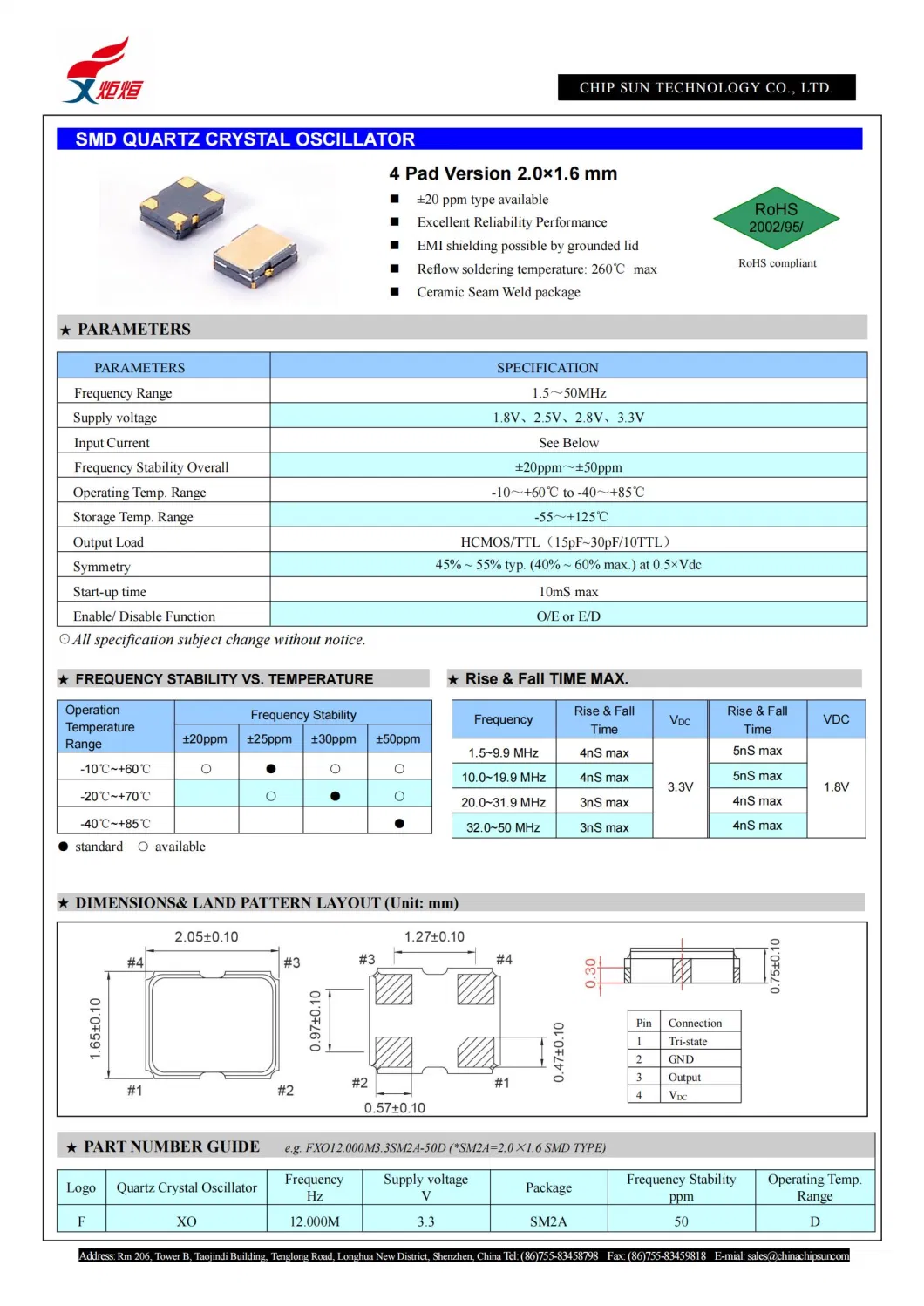 Chip Sun Osc-SMD2016 26.000MHz 27.000MHz 26MHz 27MHz 1.8V 2.8V 3.3V 20ppm 25ppm 50ppm Available Xo Quartz Crystal Oscillator